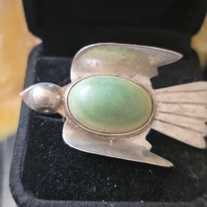 Green Turquoise Bird Pin Brooch - Sterling Silver